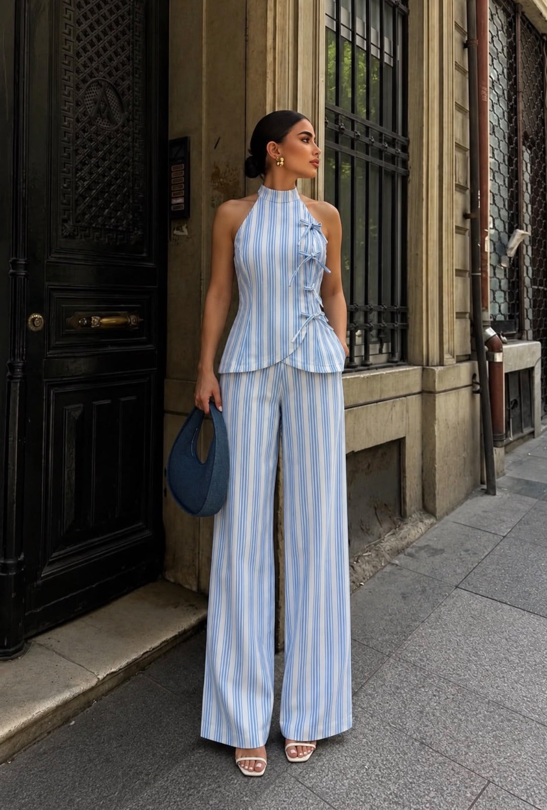 TM 605 - Striped Bow-Detail Halter Top & Wide-Leg Pants Set
