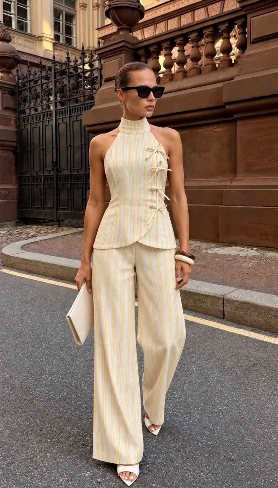 TM 605 - Striped Bow-Detail Halter Top & Wide-Leg Pants Set