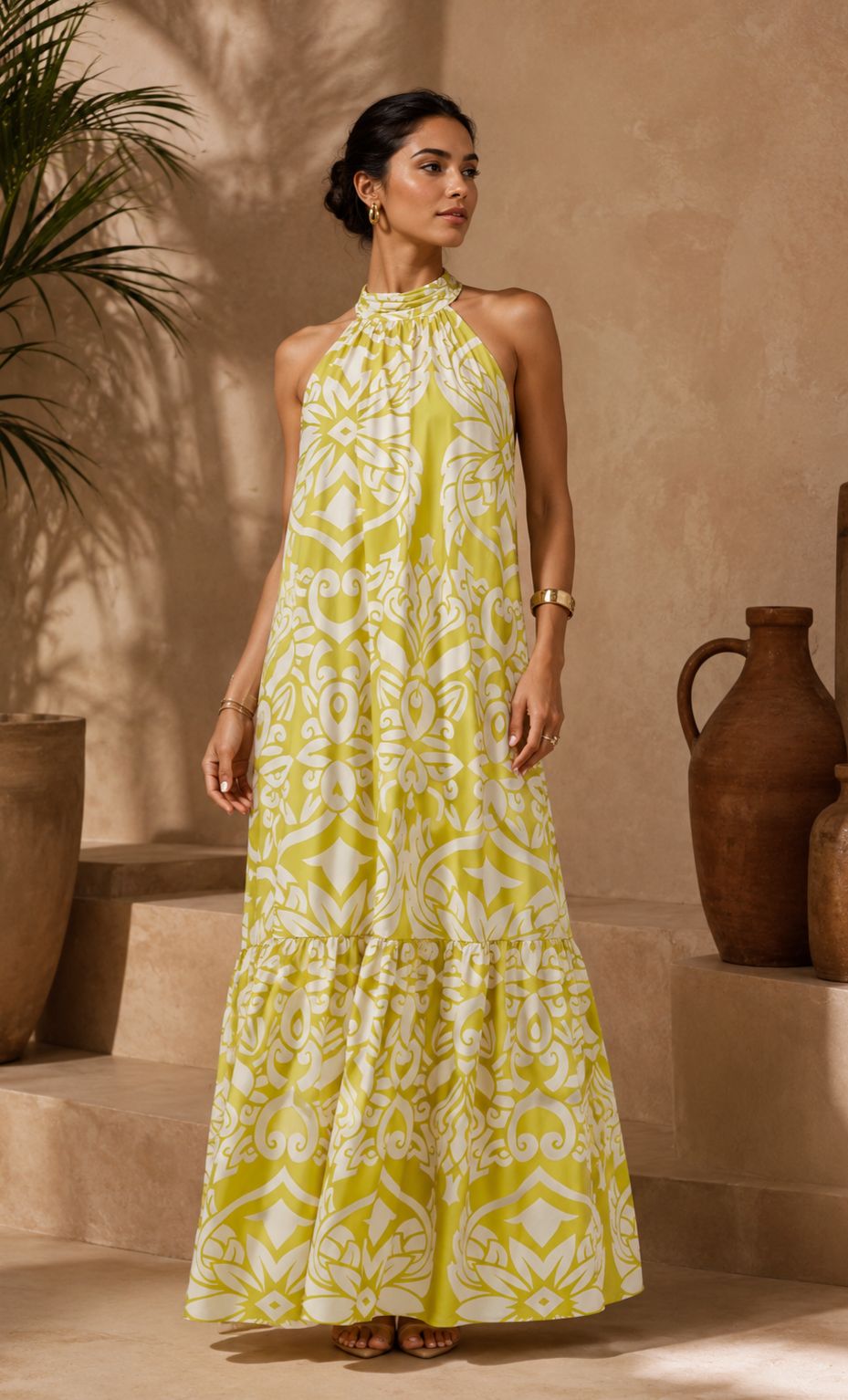 TM059- Mediterranean Bloom Halter Maxi Dress