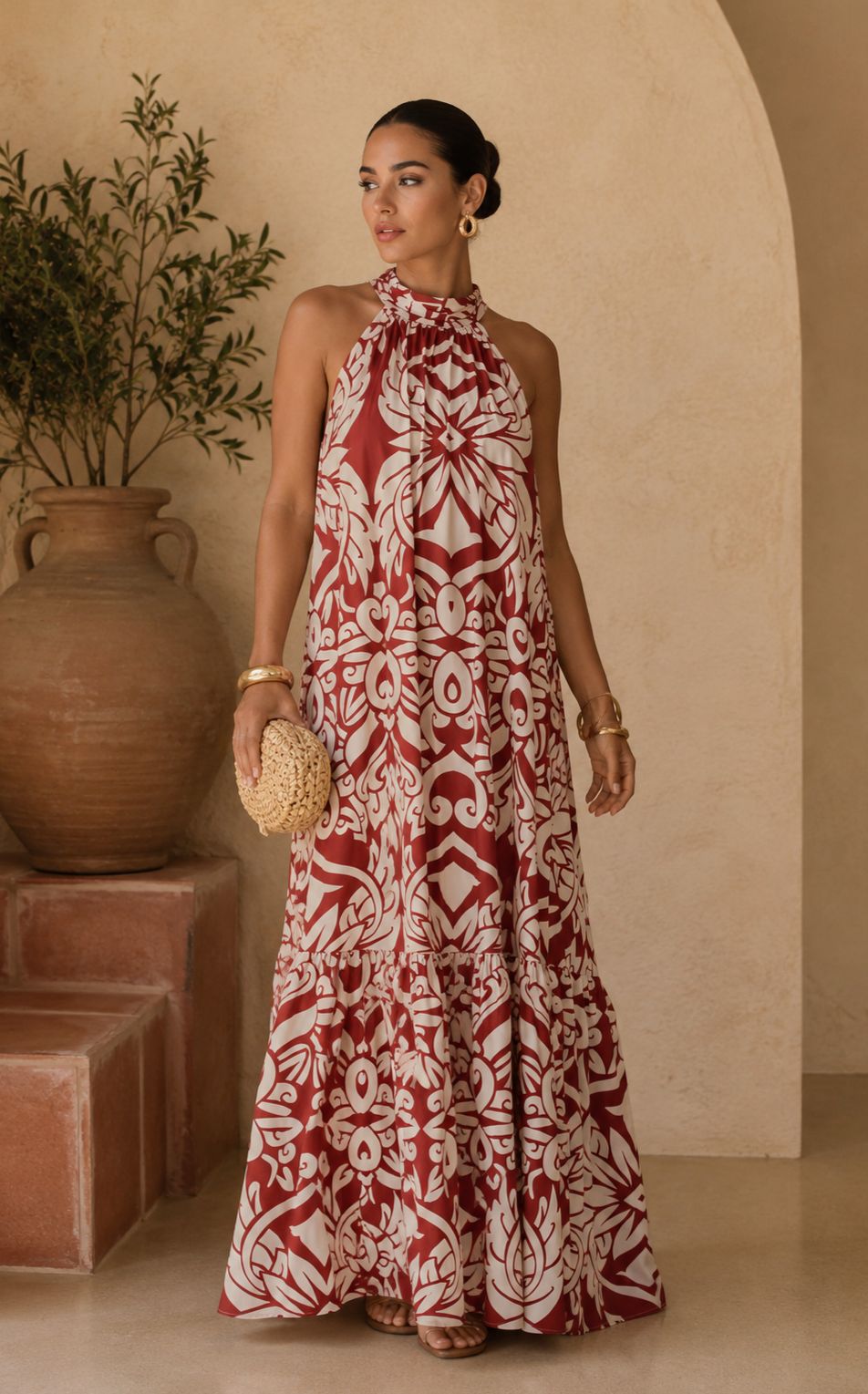 TM059- Mediterranean Bloom Halter Maxi Dress