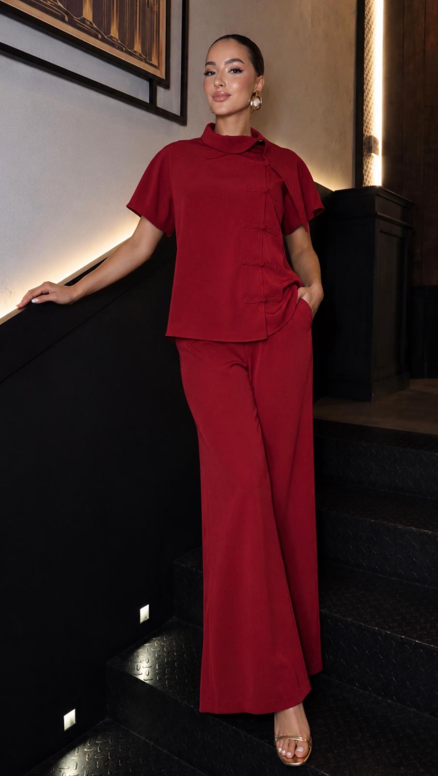 TM 485 - Satin Asymmetrical Top & Wide-Leg Pants Set