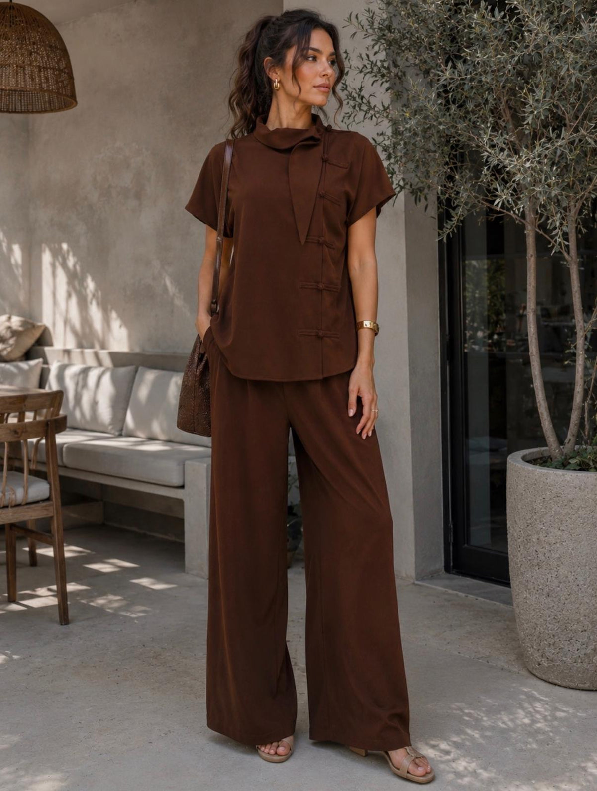 TM 485 - Satin Asymmetrical Top & Wide-Leg Pants Set